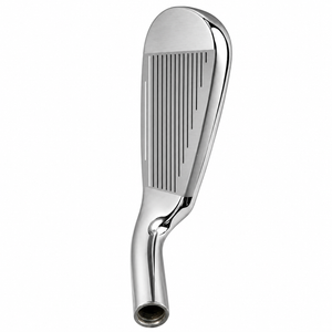 Heater B2 iron clubhead standing upright with the toe pointing up, showing the full grooved chrome face