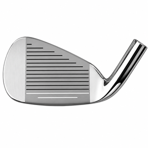 Heater B2 iron clubhead shown face-on at address, with a chrome finish and a grooved hitting face