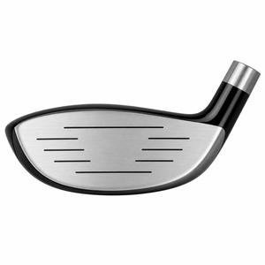 Heater B6 hybrid clubhead shown face-on, with a grooved silver hitting face and a dark crown
