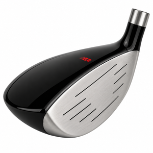 Heater B6 hybrid clubhead seen from the toe, with a glossy black crown and a grooved silver face