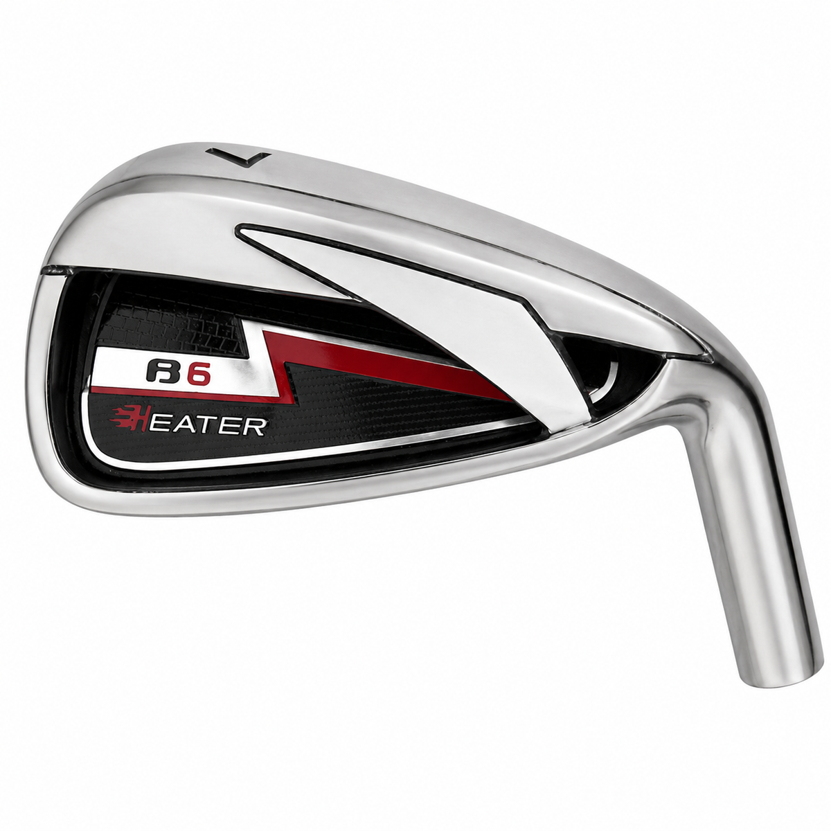 Heater B6 cavity-back iron clubhead viewed from behind, with a chrome frame around a black cavity insert carrying red B6 and Heater badging