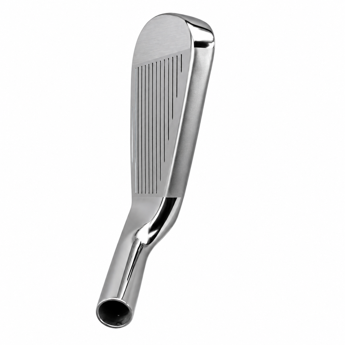 Heater B6 iron clubhead standing upright with the toe pointing up, showing the full grooved chrome face