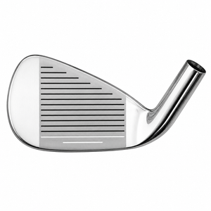 Heater B6 iron clubhead shown face-on at address, with a chrome finish and a grooved hitting face