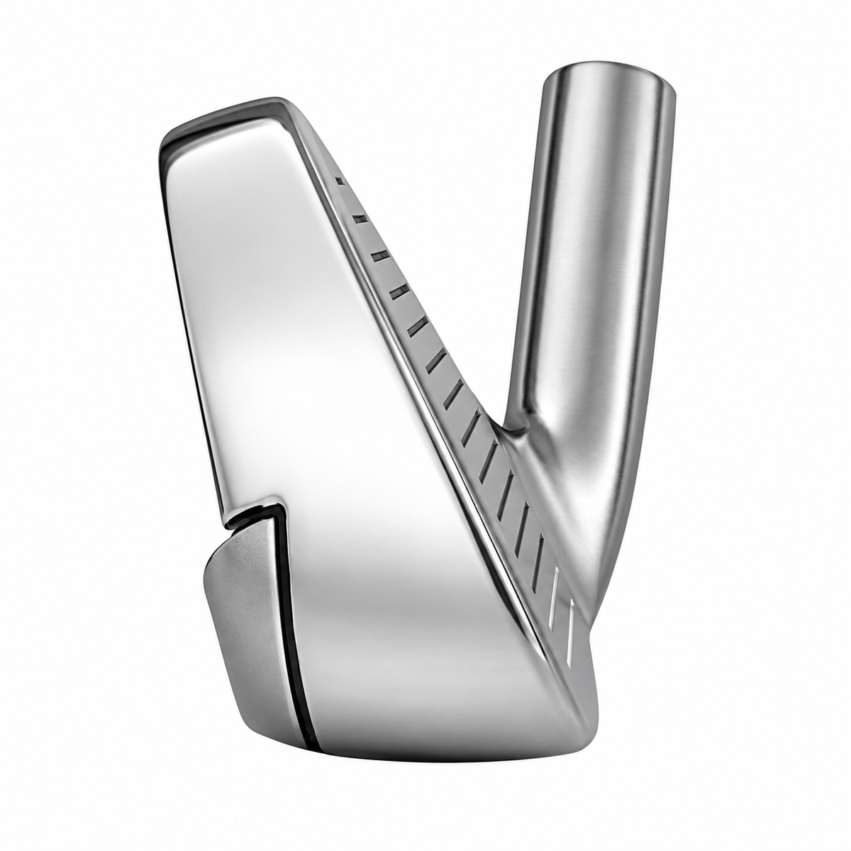 Heater B6 iron clubhead viewed down the toe, showing the chrome sole profile and topline