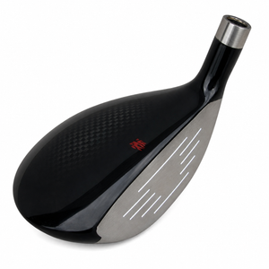 Heater B7 hybrid clubhead seen from the toe, with a glossy black crown and a grooved silver face