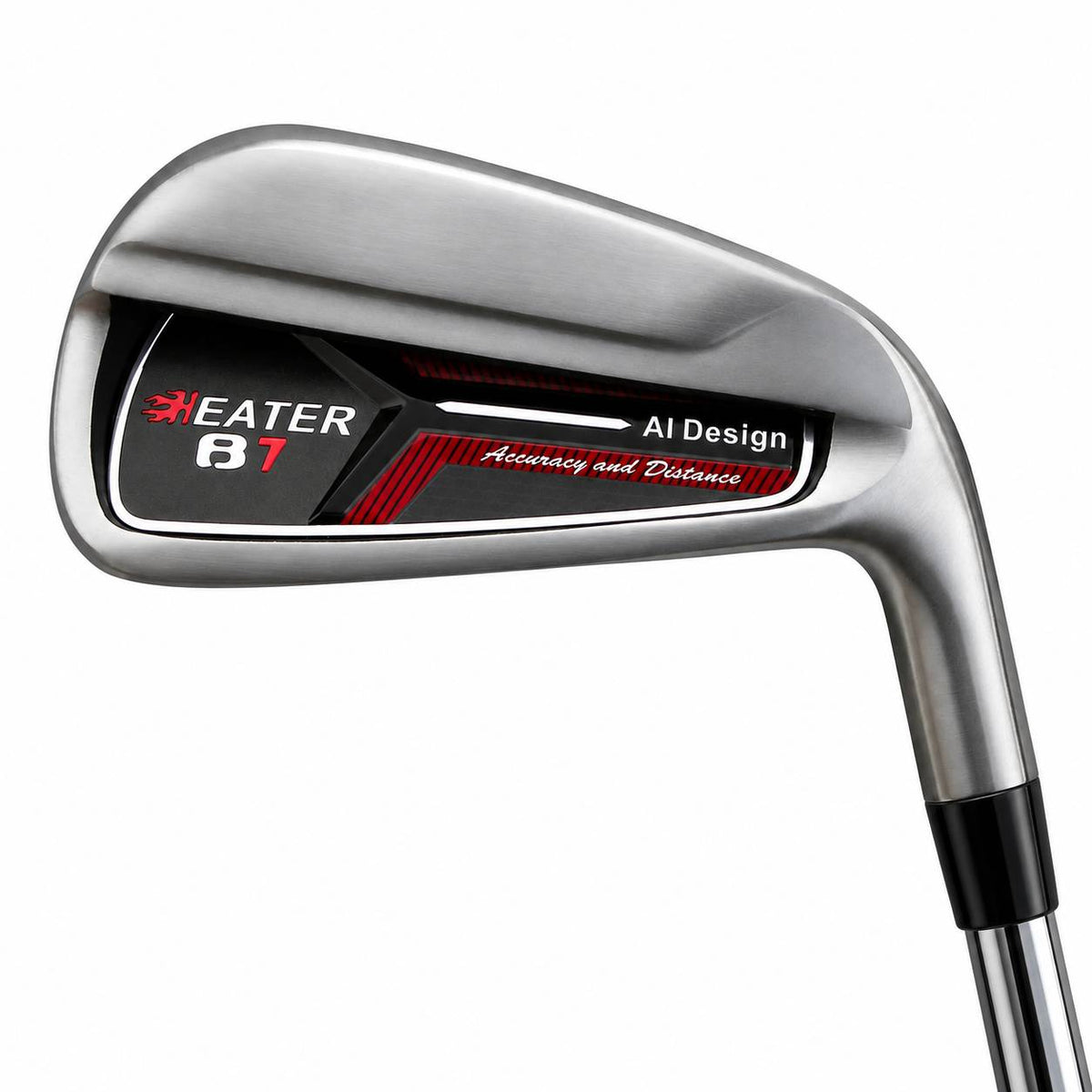 Heater B7 cavity-back iron clubhead viewed from behind, with a chrome frame around a black and red cavity insert carrying Heater B7 branding