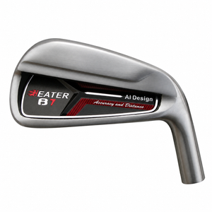 Heater B7 cavity-back iron clubhead viewed from behind, with a chrome frame around a black and red cavity insert carrying Heater B7 branding