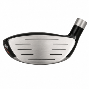 Heater B8 hybrid clubhead shown face-on, with a grooved silver hitting face and a black crown carrying a small B8 mark