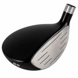 Heater B8 hybrid clubhead seen from the toe, with a glossy black crown and a grooved silver face