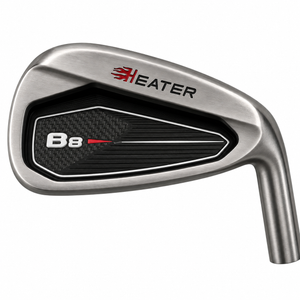 Heater B8 cavity-back iron clubhead viewed from behind, with a satin frame around a black cavity insert carrying red Heater branding and a B8 badge