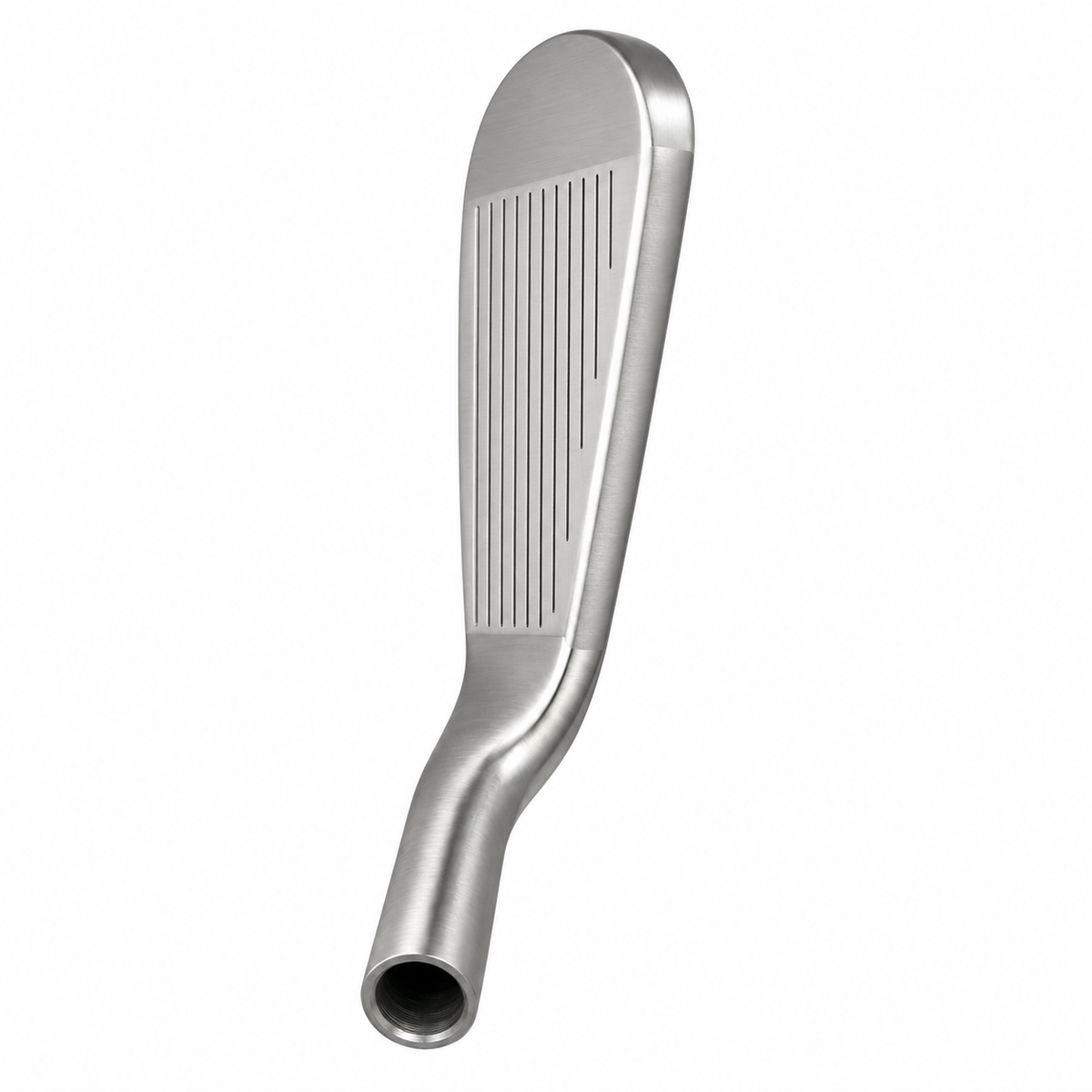 Heater B8 iron clubhead standing upright with the toe pointing up, showing the full grooved satin face