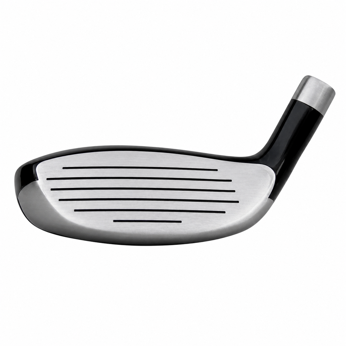 Heater F-47 hybrid clubhead shown face-on, with a grooved silver hitting face and a dark crown