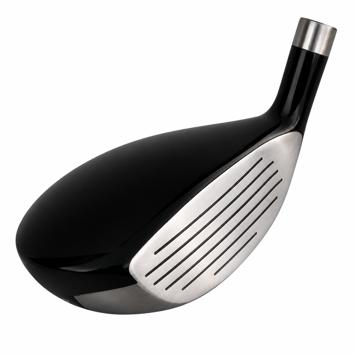 Heater F-47 hybrid clubhead seen from the toe, with a glossy black crown and a grooved silver face