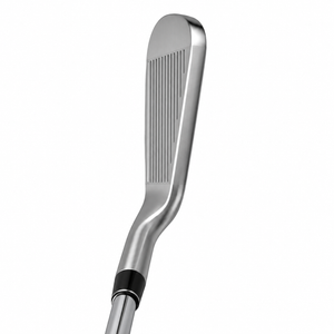 Heater F-47 iron clubhead standing upright with the toe pointing up, showing the full grooved satin face