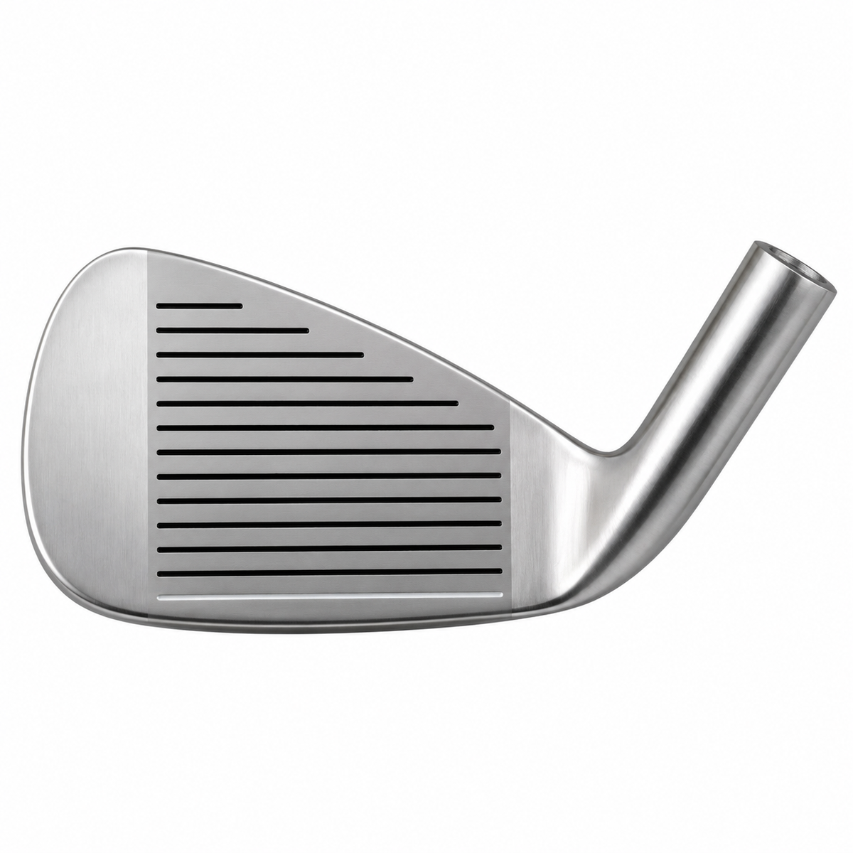 Heater F-47 iron clubhead shown face-on at address, with a satin finish and a grooved hitting face
