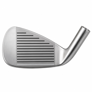 Heater F-47 iron clubhead shown face-on at address, with a satin finish and a grooved hitting face