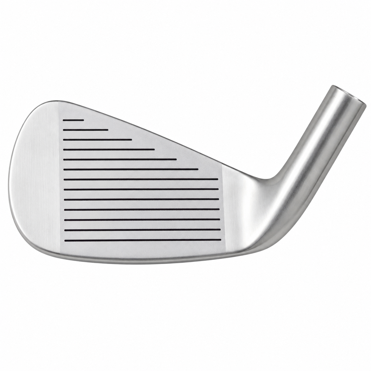 Heater H-9BC iron clubhead shown face-on at address, with a satin finish and a grooved hitting face