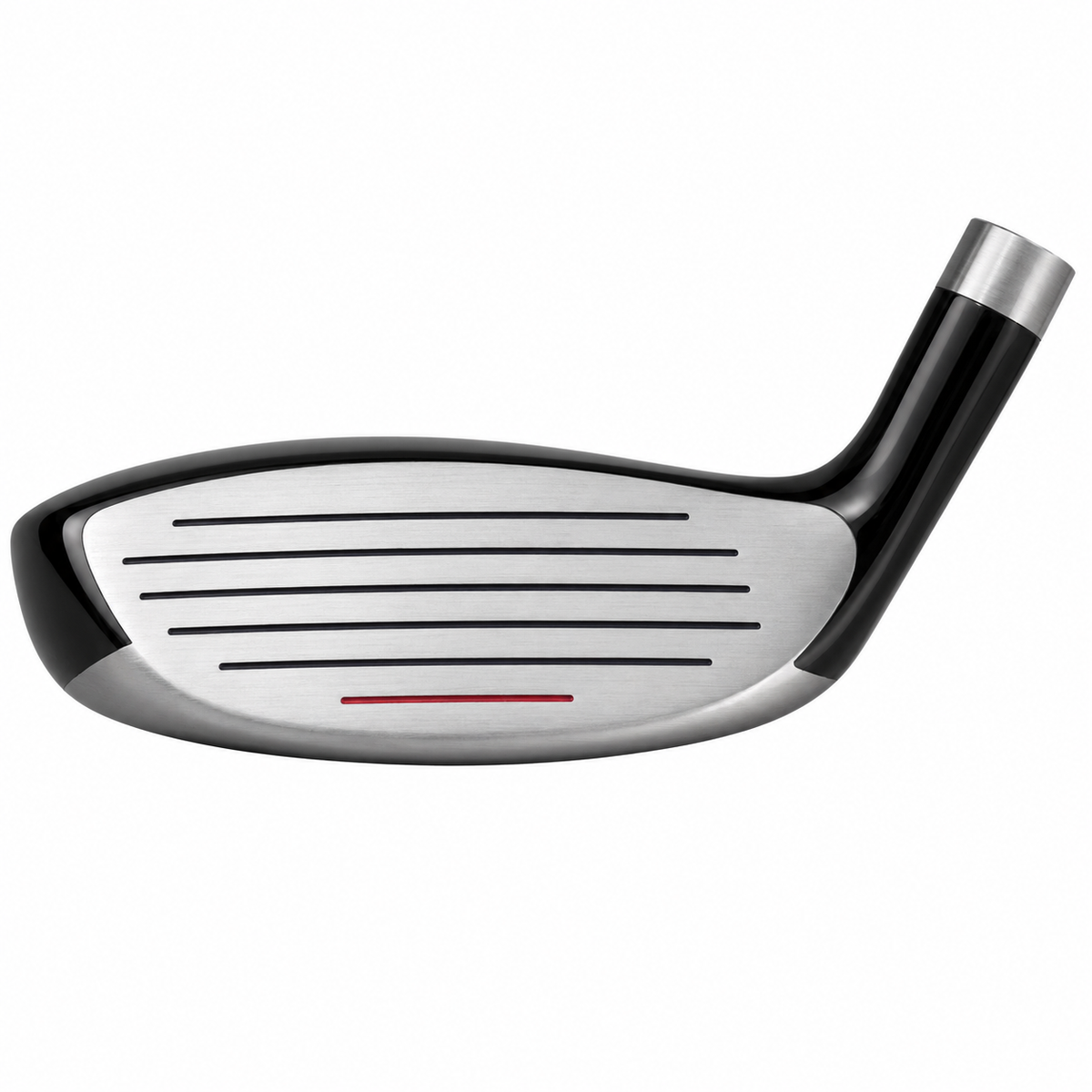 Heater HXi55 hybrid clubhead shown face-on, with a grooved silver hitting face marked by a red alignment line