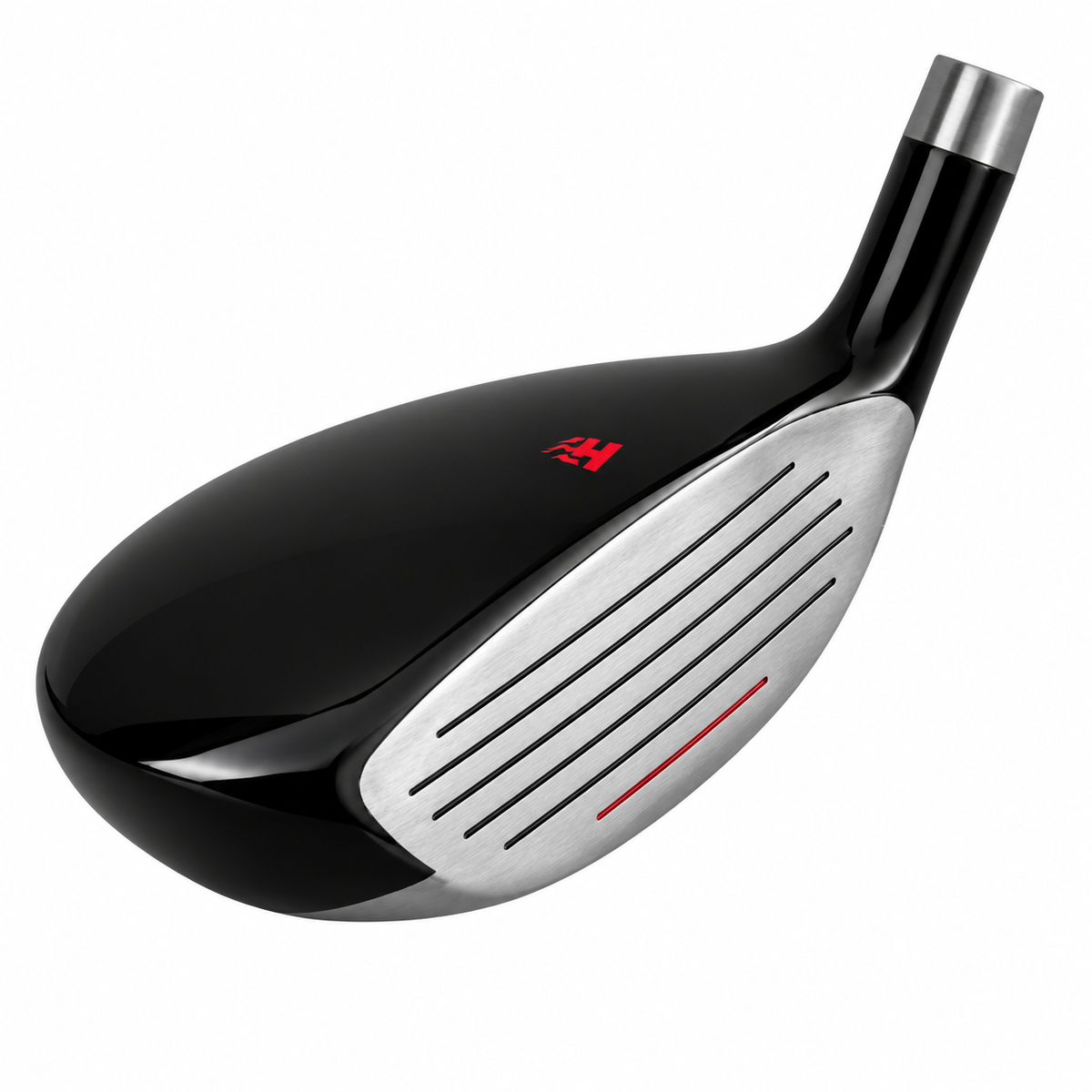 Heater HXi55 hybrid clubhead seen from the toe, with a glossy black crown and a grooved silver face marked by a red alignment line