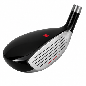 Heater HXi55 hybrid clubhead seen from the toe, with a glossy black crown and a grooved silver face marked by a red alignment line