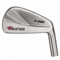 Heater X-880 blade iron clubhead viewed from behind, with a brushed satin muscle back carrying red Heater branding and X-880 lettering