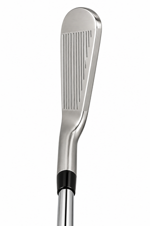 Heater X-880 blade iron clubhead standing upright with the toe pointing up, showing the full grooved satin face
