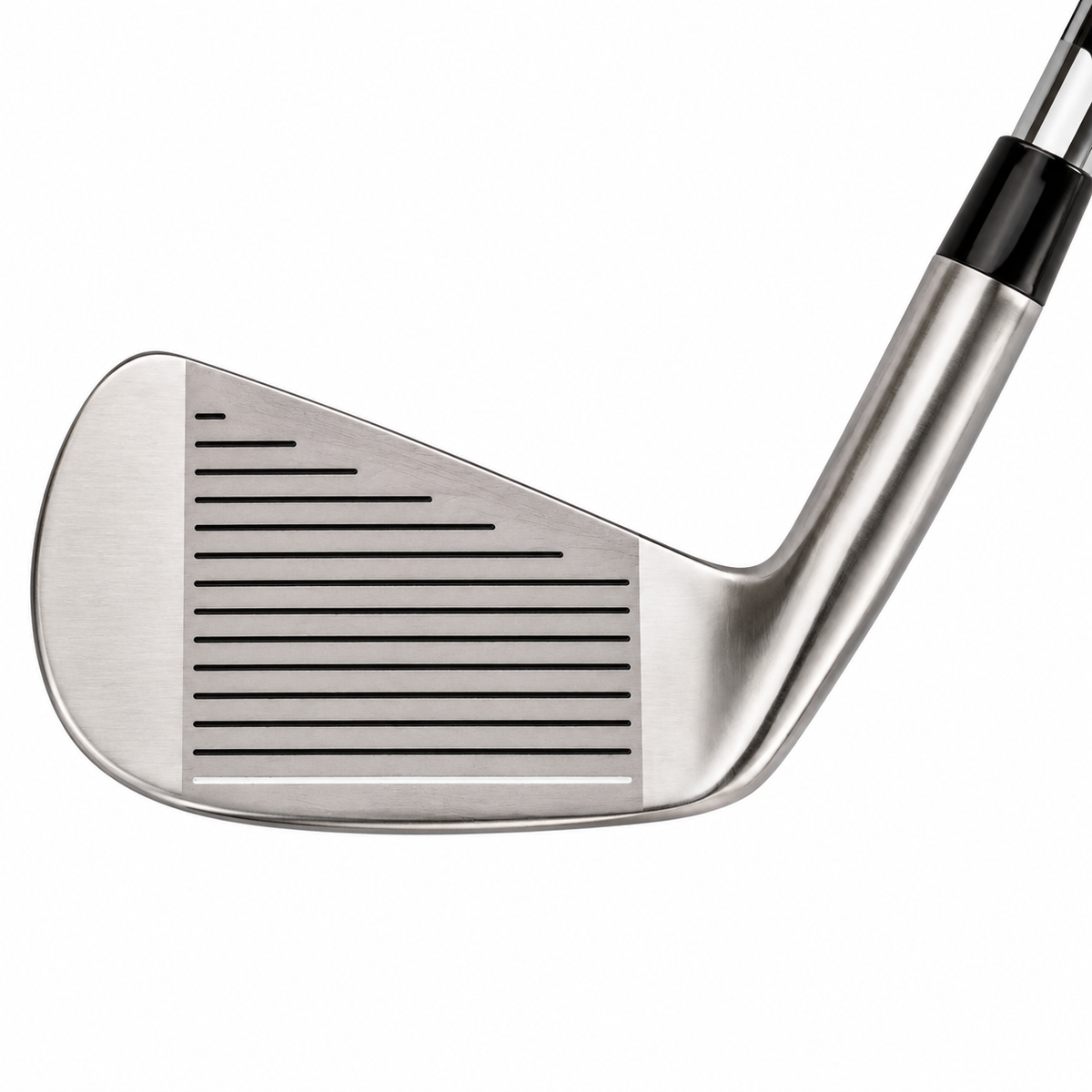 Heater X-880 blade iron clubhead shown face-on at address, with a satin finish and a grooved hitting face