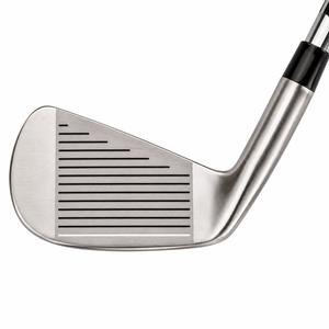 Heater X-880 blade iron clubhead shown face-on at address, with a satin finish and a grooved hitting face