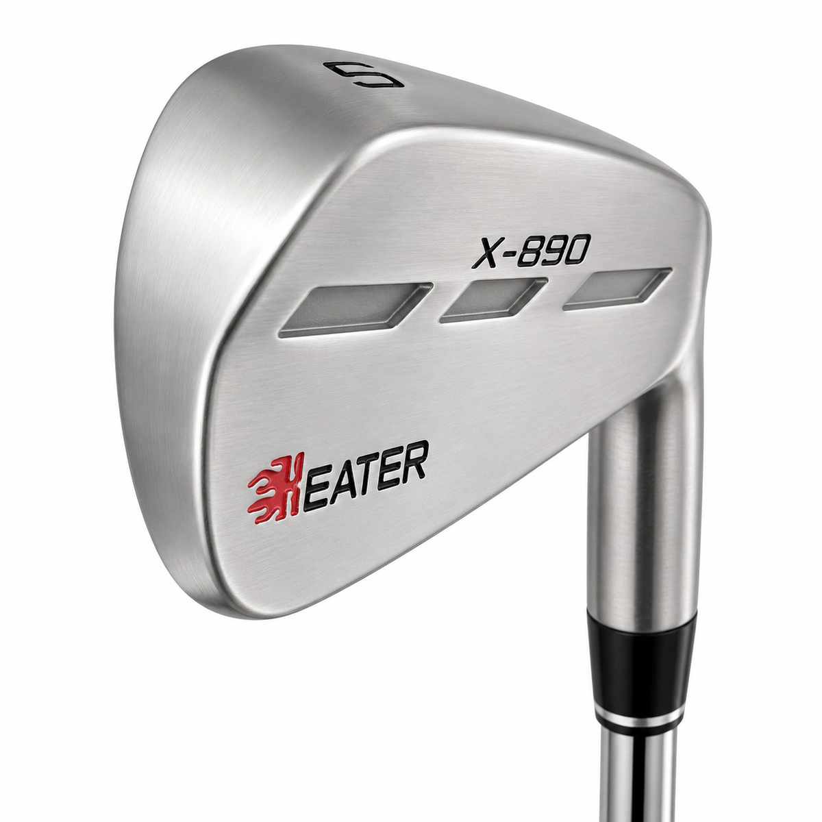 Heater X-890 blade iron clubhead viewed from behind toward the toe, showing the three back slots, X-890 lettering and a 6 stamped at the toe
