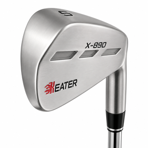 Heater X-890 blade iron clubhead viewed from behind toward the toe, showing the three back slots, X-890 lettering and a 6 stamped at the toe