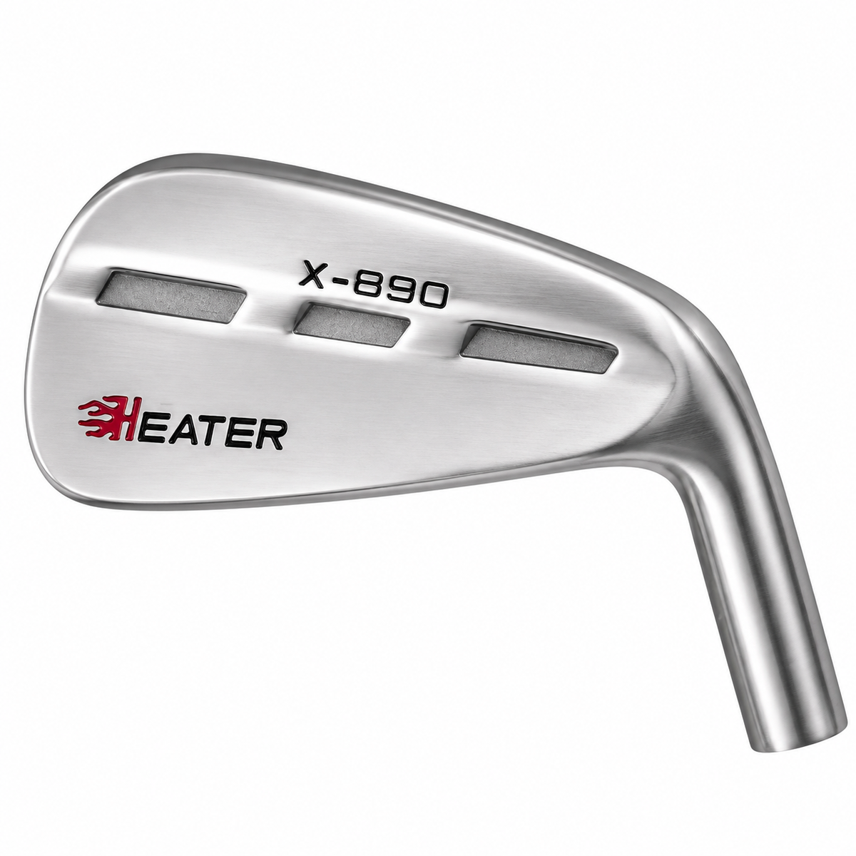 Heater X-890 blade iron clubhead viewed from behind, with a brushed satin back, three cut-out slots, red Heater branding and X-890 lettering