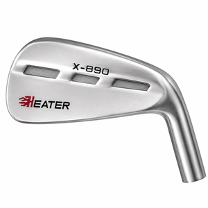 Heater X-890 blade iron clubhead viewed from behind, with a brushed satin back, three cut-out slots, red Heater branding and X-890 lettering
