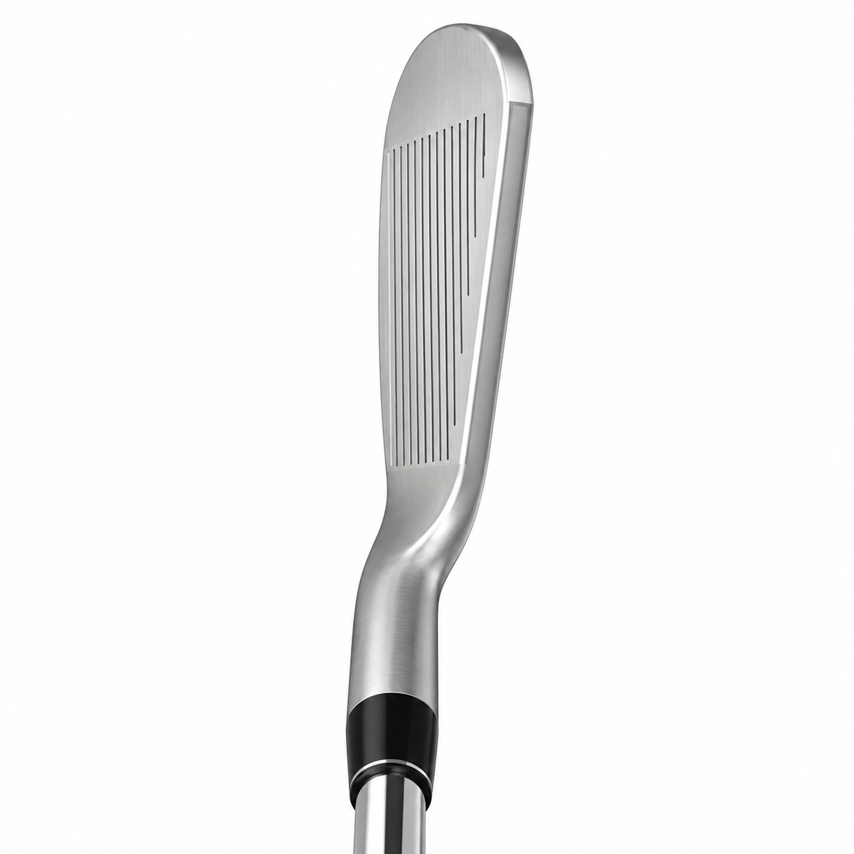Heater X-890 blade iron clubhead standing upright with the toe pointing up, showing the full grooved satin face