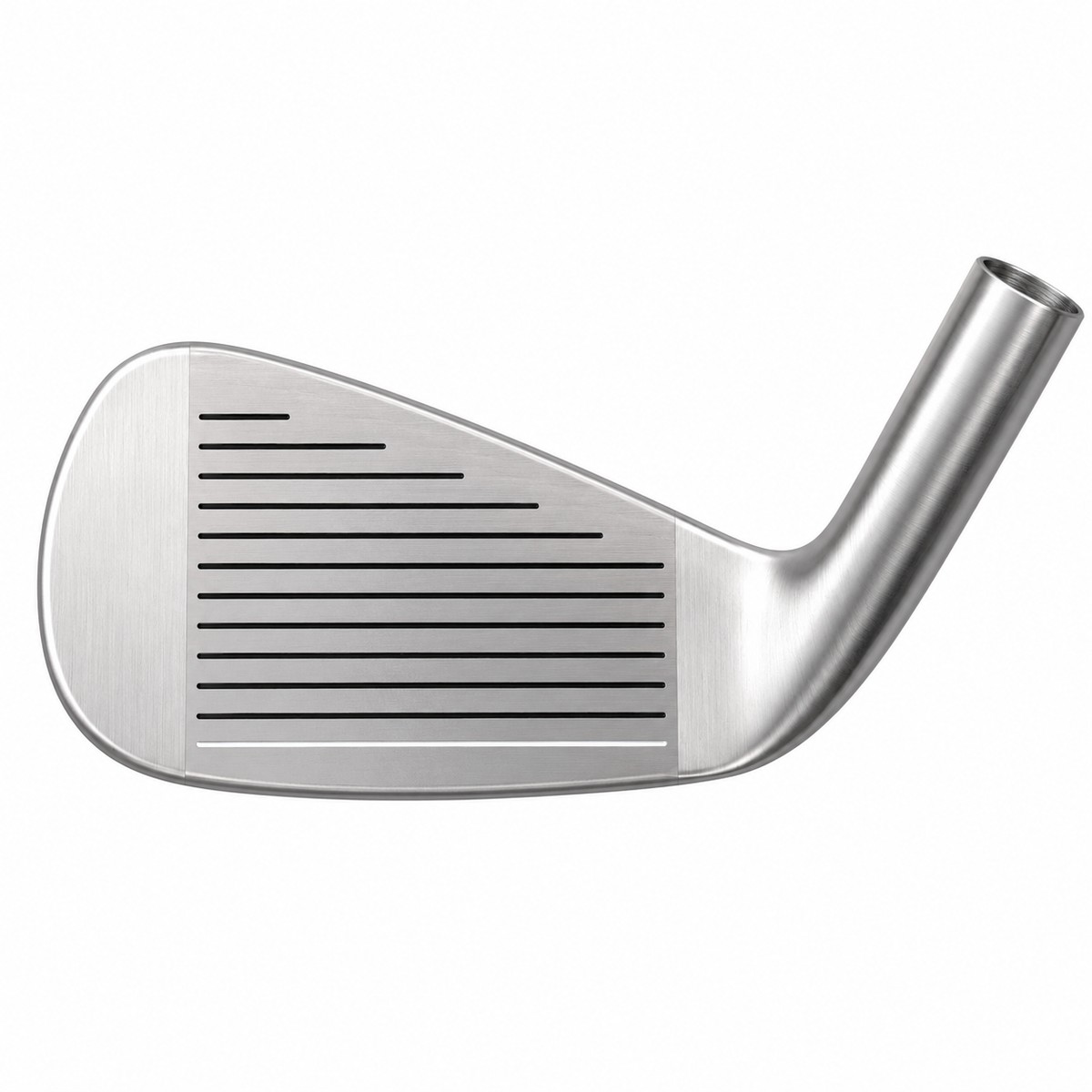Heater X-890 blade iron clubhead shown face-on at address, with a satin finish and a grooved hitting face