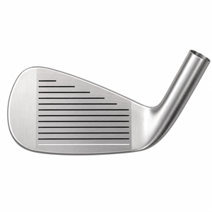 Heater X-890 blade iron clubhead shown face-on at address, with a satin finish and a grooved hitting face