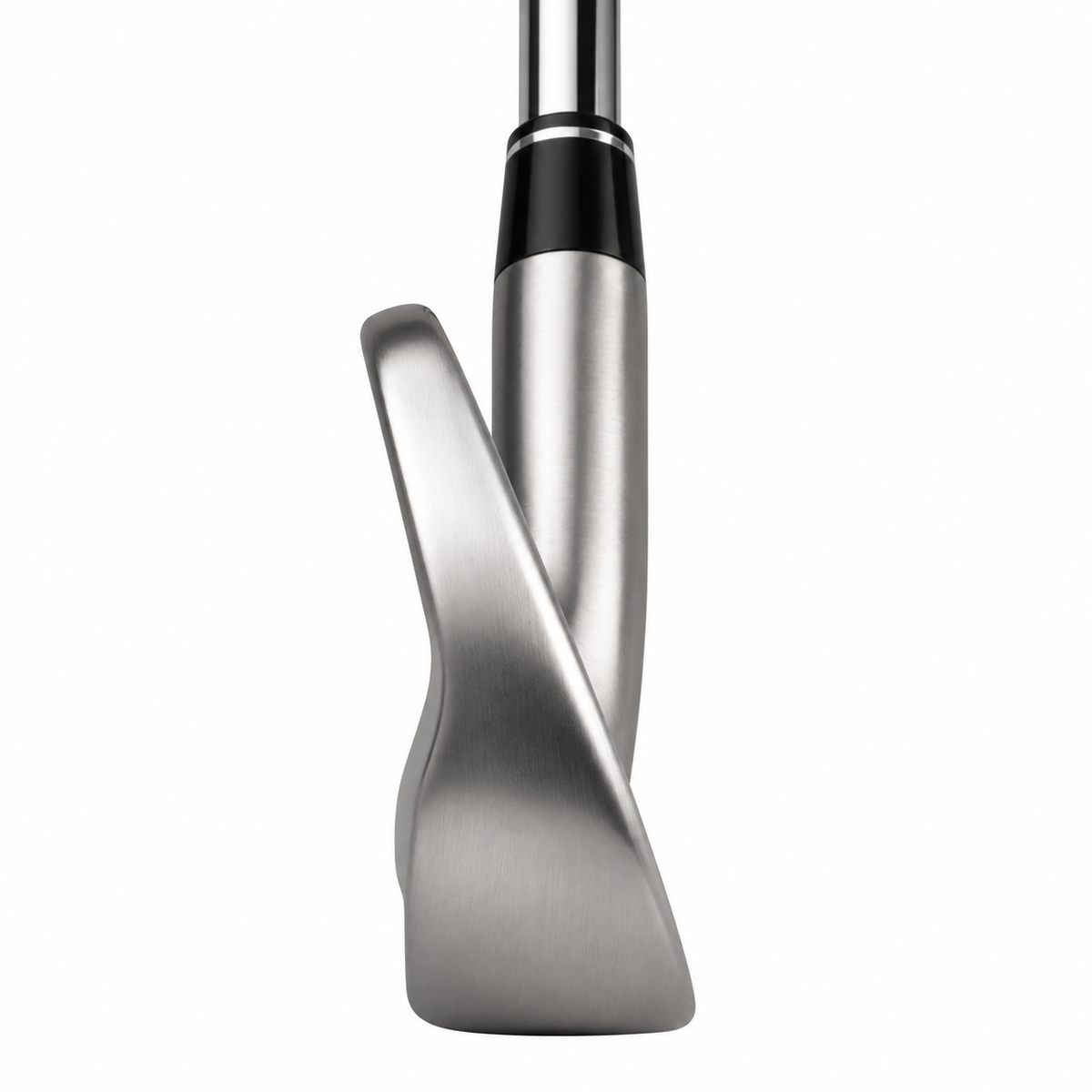 Heater X-890 blade iron clubhead viewed down the toe, showing the satin sole profile and thin topline
