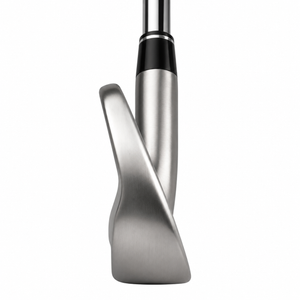 Heater X-890 blade iron clubhead viewed down the toe, showing the satin sole profile and thin topline