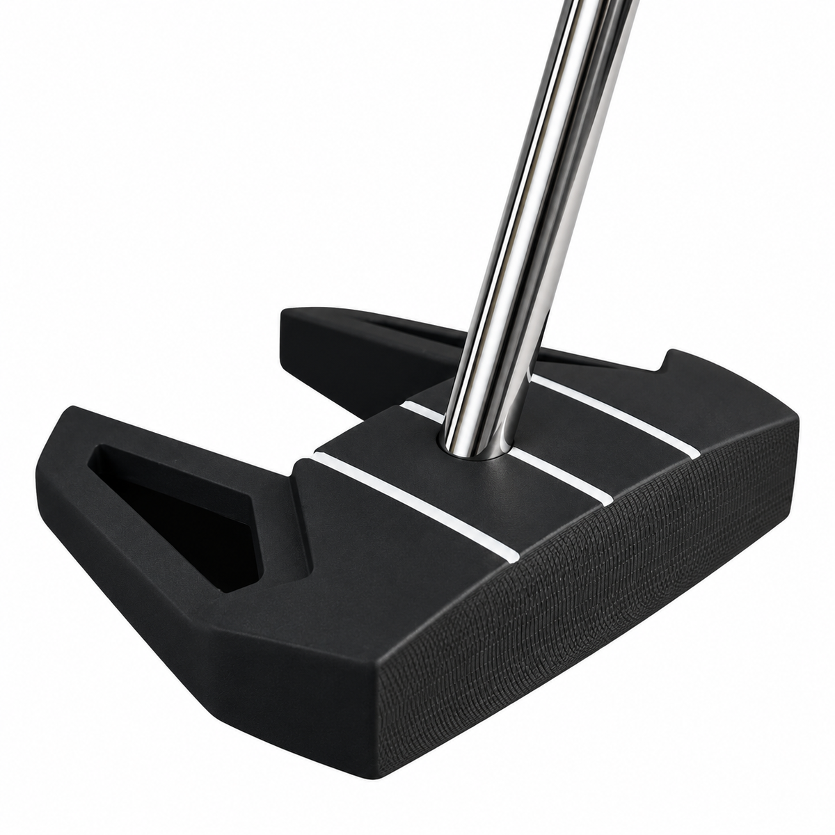 Heater ZZ-3 Zero Torque mallet putter head, toe view, showing the black body and the raised zero-torque wings from the toe side.