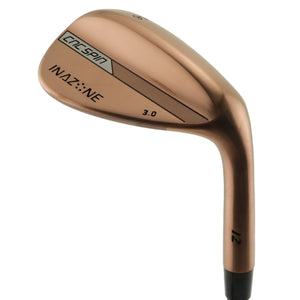 Inazone 3.0 CNC spin wedge head in copper finish, back view, showing the blade back with the Inazone badge and loft stamping.