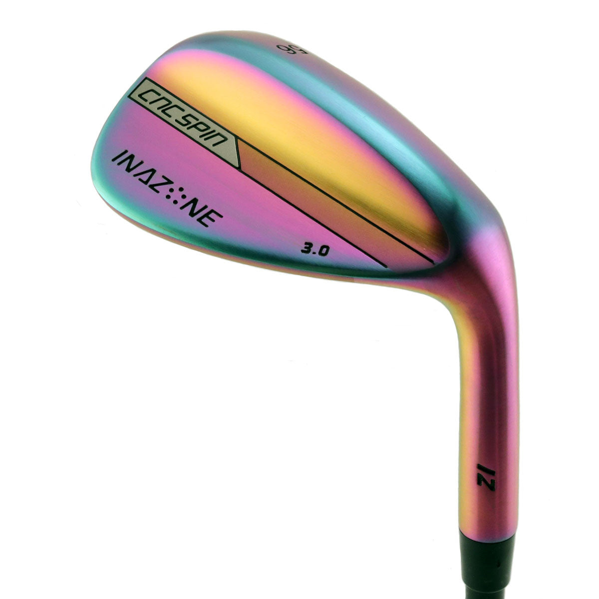 Inazone 3.0 CNC spin wedge head in prismatic rainbow finish, back view, showing the blade back with the Inazone badge and loft stamping.