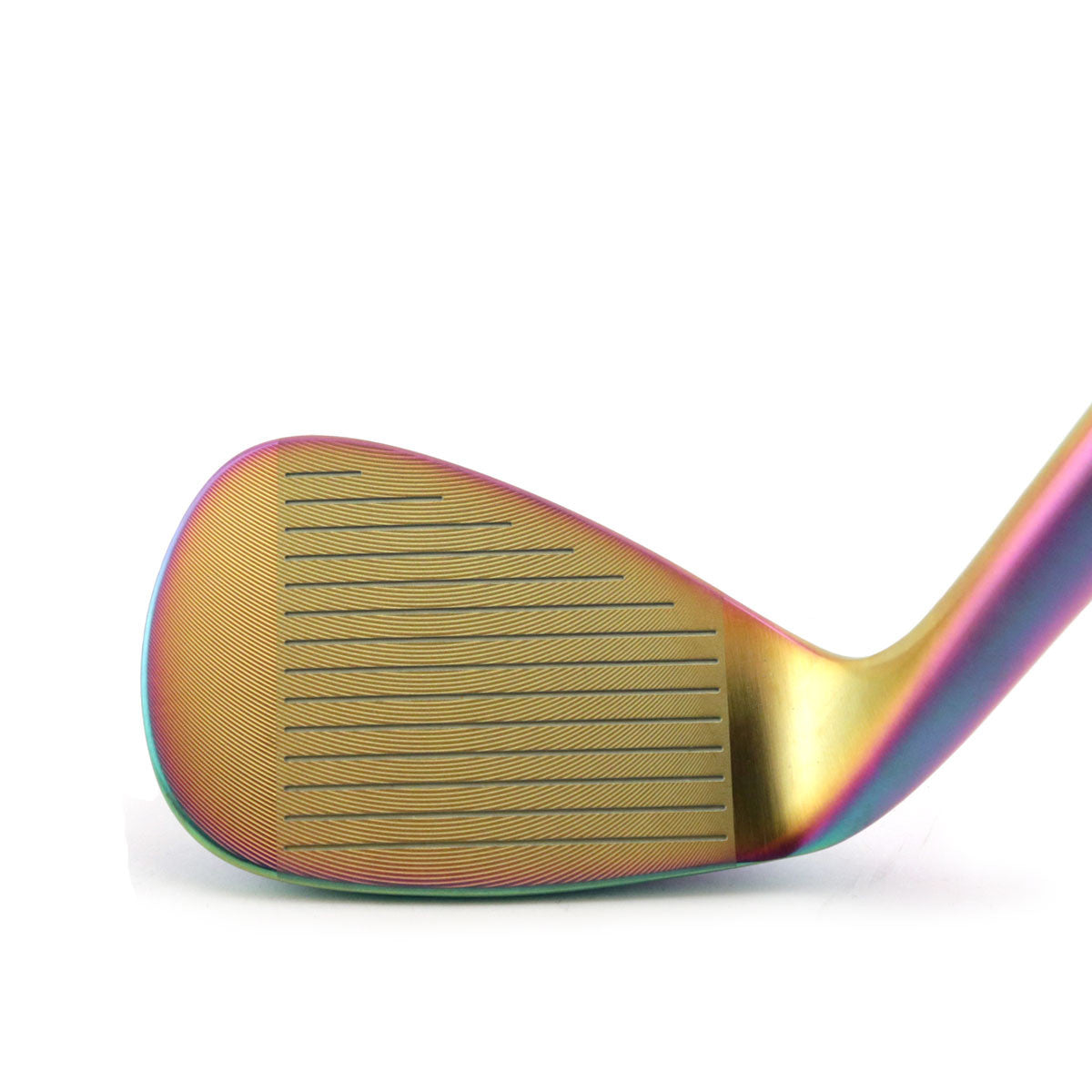 Inazone 3.0 CNC spin wedge head in prismatic rainbow finish, face view at address, showing the grooved face, leading edge and topline.