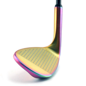 Inazone 3.0 CNC spin wedge head in prismatic rainbow finish, toe view, showing the blade profile and sole grind from the toe side.