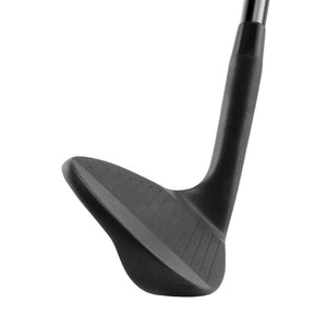 Inazone Shadow 2.0 CNC spin wedge head in dark gunmetal finish, toe view, showing the blade profile and sole grind from the toe side.