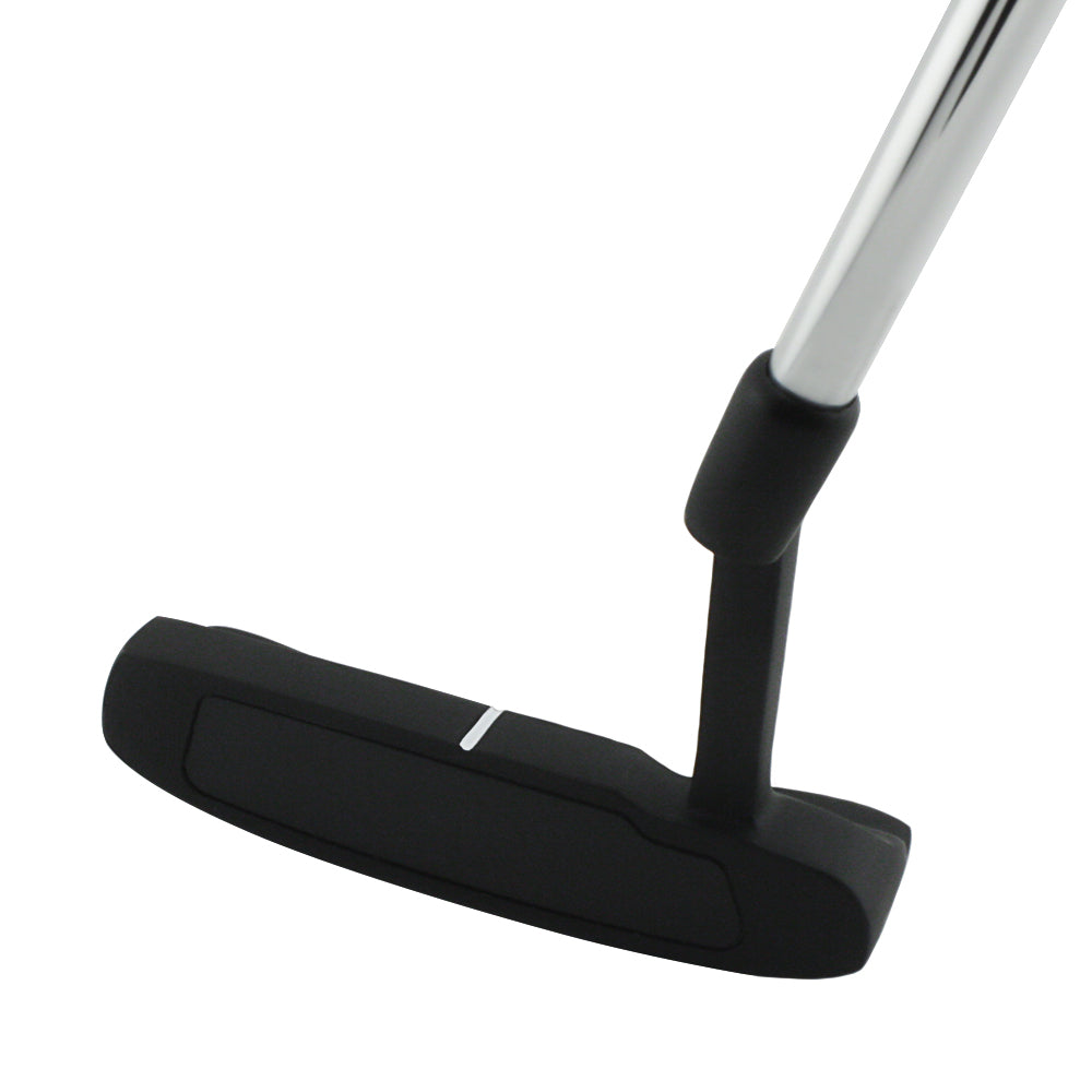 Inazone Blade putter head in black viewed at an angle from the front with a chrome shaft, showing the face insert