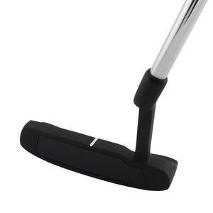 Inazone Blade putter head in black viewed at an angle from the front with a chrome shaft, showing the face insert