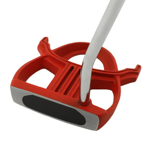 Inazone Modella putter head in red viewed at an angle from the front, showing the milled face insert