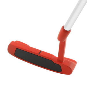 Inazone Blade putter head in red viewed at an angle from the front with a chrome shaft, showing the face insert