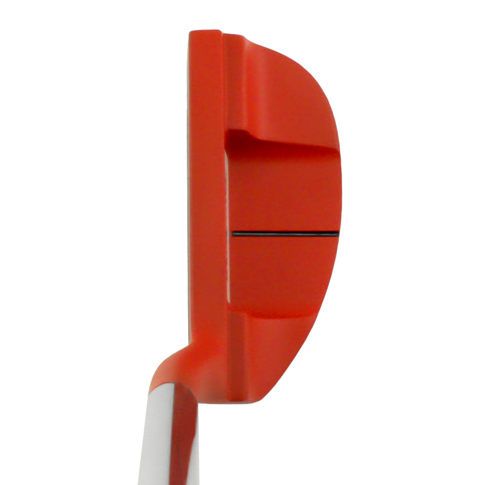 Inazone Mid Mallet putter head in red viewed from above at address, showing the dark sight line