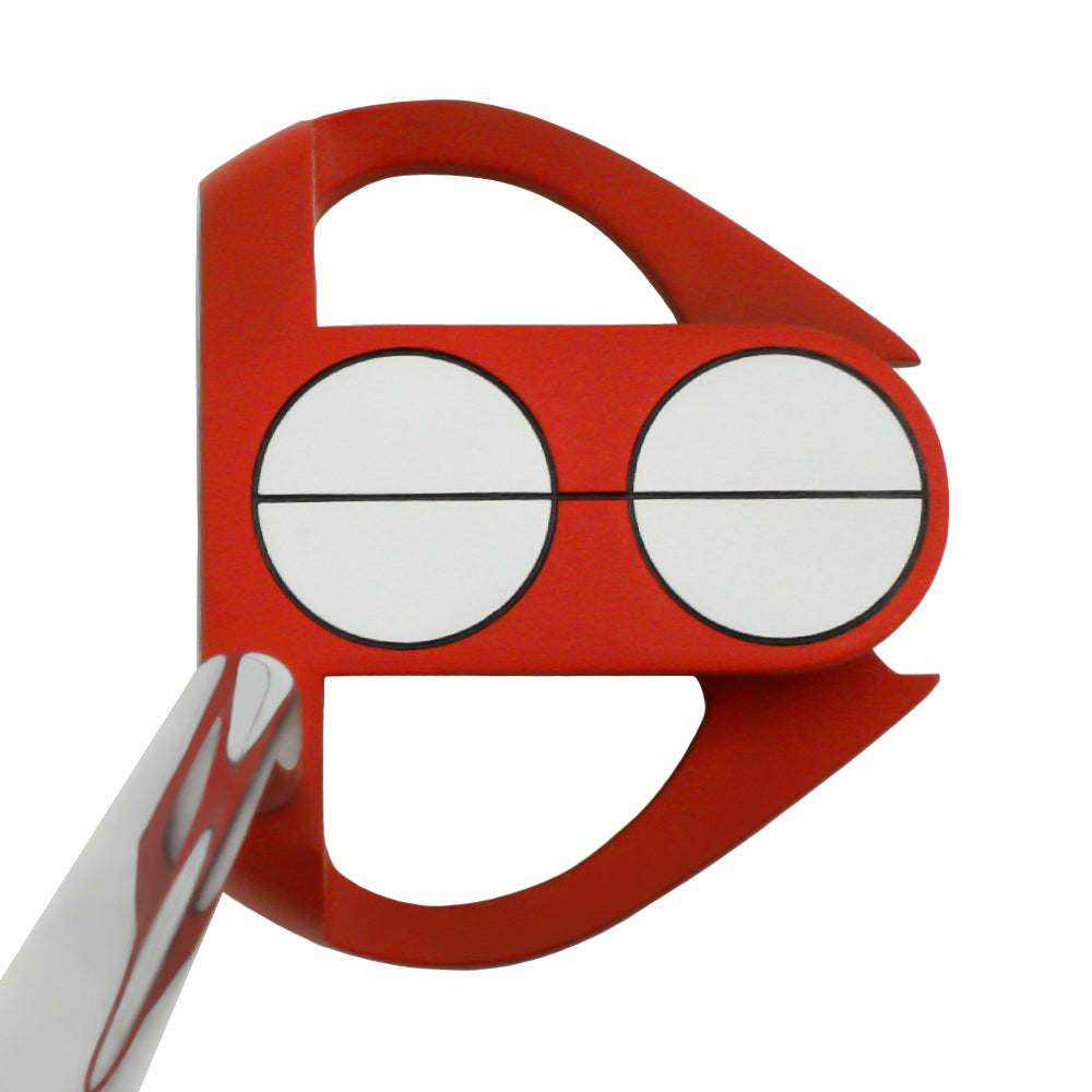 Inazone Sidewinder putter head in red viewed from above at address, showing the dual white alignment circles