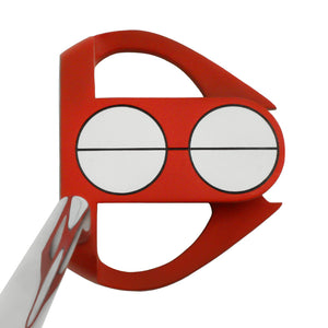 Inazone Sidewinder putter head in red viewed from above at address, showing the dual white alignment circles
